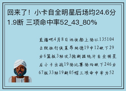 回来了！小卡自全明星后场均24.6分1.9断 三项命中率52_43_80%